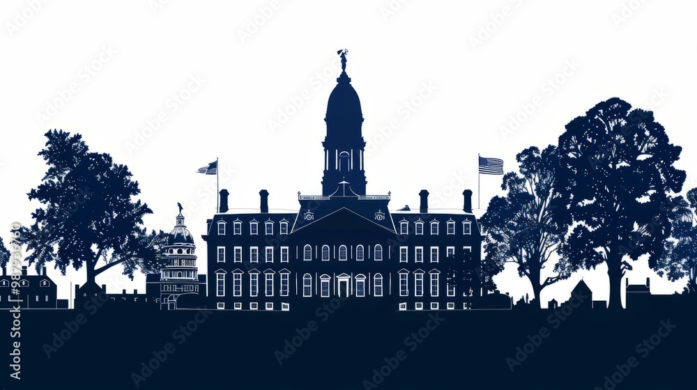 Fototapeta premium Philadelphia historical building silhouette with American flag and trees for iconic landmark theme