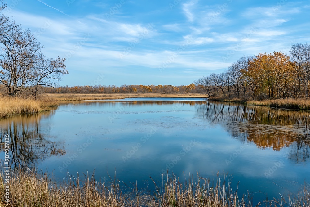 Calm lake reflecting blue sky and fluffy clouds in autumn scenery Calm lake reflecting blue sky and fluffy clouds in autumn scenery