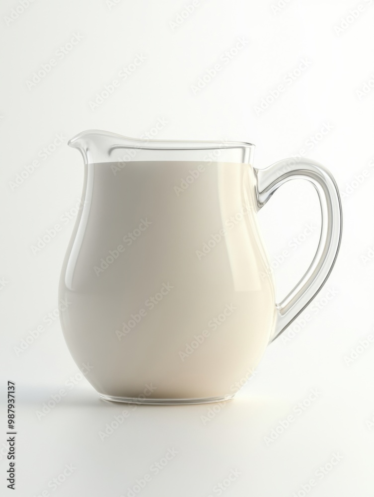 Creative Clear Glass Pitcher of Milk on White Background for Kitchen and Beverage Concepts. Creative Clear Glass Pitcher of Milk on White Background for Kitchen and Beverage Concepts.