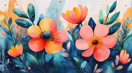 Vibrant floral illustration featuring colorful flowers and lush green leaves, perfect for adding a touch of nature to any design.