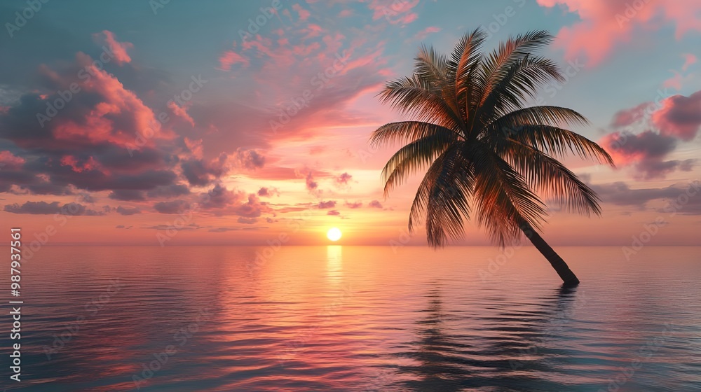 Tropical beach sunset background featuring a palm tree for travelers picture 