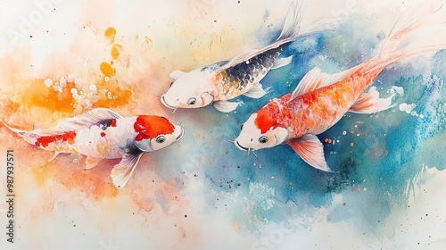 Wallpaper Mural Elegant koi fish swimming gracefully in colorful watercolor splashes, creating a serene and vibrant aquatic scene. Torontodigital.ca