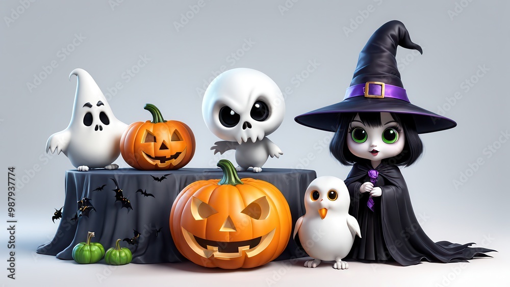 A whimsical Halloween scene featuring a witch, pumpkins, ghosts, and a playful owl. A whimsical Halloween scene featuring a witch, pumpkins, ghosts, and a playful owl.