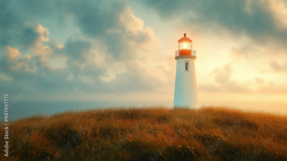 A lighthouse in the sky shining its light down on hills A lighthouse in the sky shining its light down on hills
