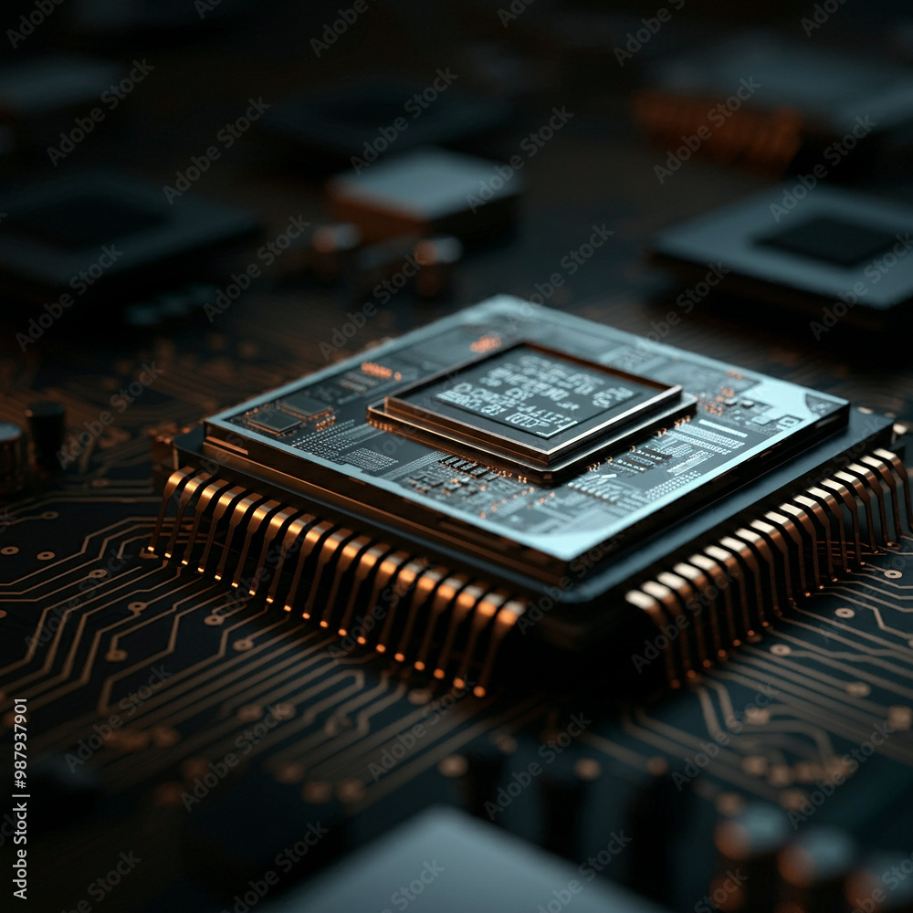 Chipset in a motherboard macro shot of a cpu technology concept circuitboard Chipset in a motherboard macro shot of a cpu technology concept circuitboard