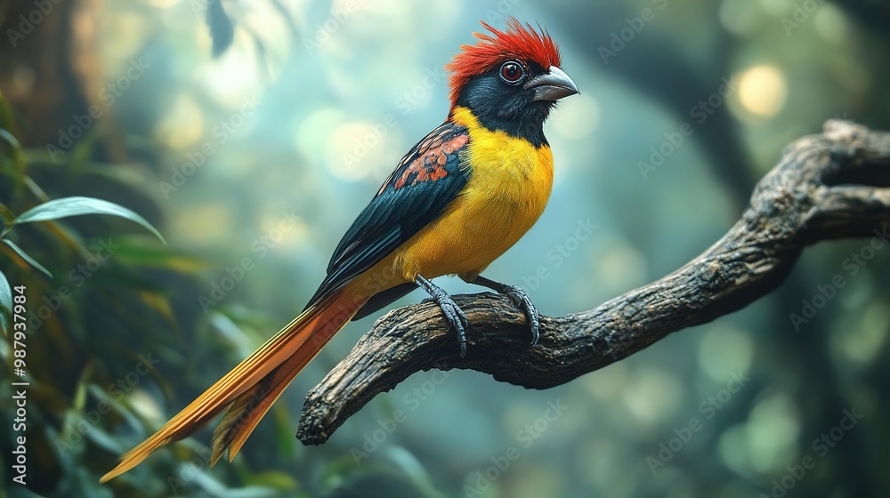 Obraz premium A vibrant bird perched on a branch, showcasing vivid colors in a lush, dreamy habitat surrounded by blurred foliage.