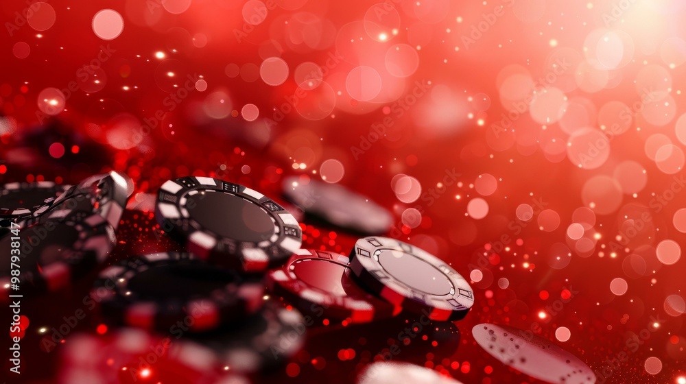 Poker chips on glittering red background with bokeh lighting in casino atmosphere Poker chips on glittering red background with bokeh lighting in casino atmosphere