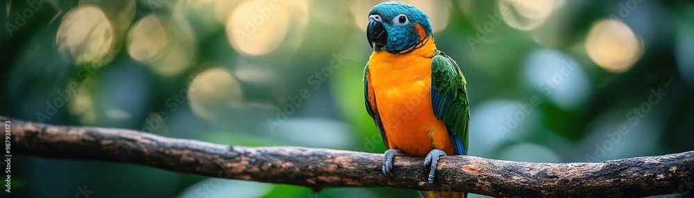 Fototapeta premium A vibrant bird perched on a branch, showcasing its colorful feathers in a lush, green environment.