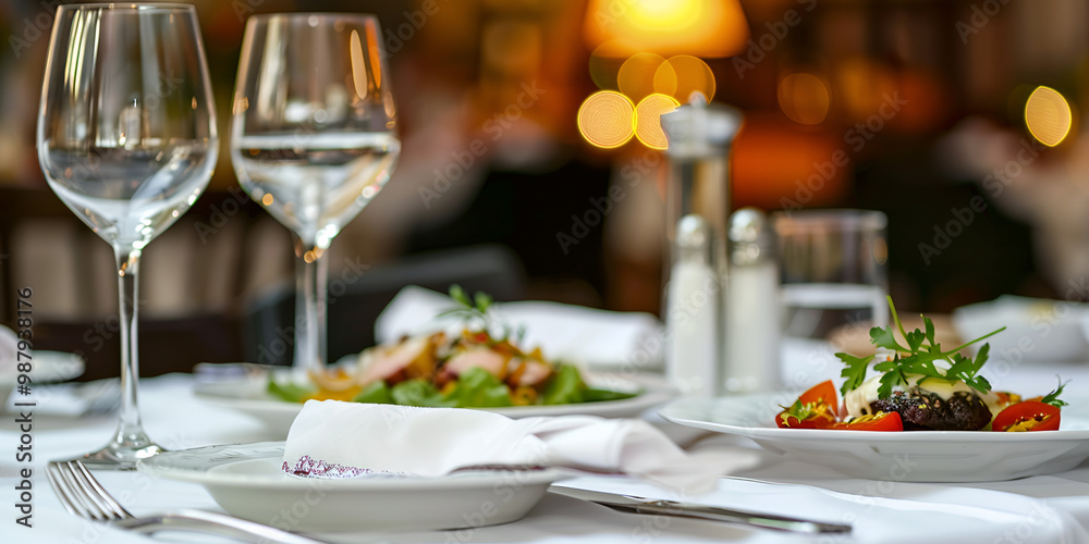 Elegant Restaurant Table Setting with Plates and Glasses, Fine Dining Table with Gourmet Dishes
Elegant Restaurant Table Setting with Plates and Glasses, Fine Dining Table with Gourmet Dishes