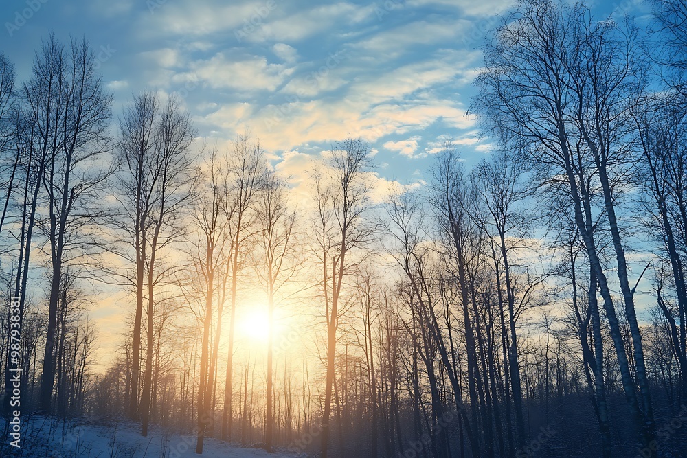 Winter sunset in a forest with bare trees and snow on the ground Winter sunset in a forest with bare trees and snow on the ground
