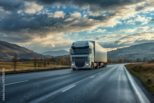 White semi truck driving on highway with mountains in background photo