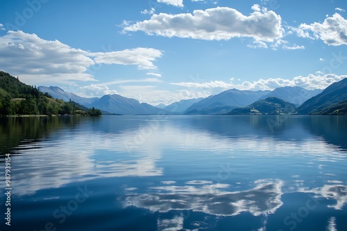 Calm Blue Lake with Mountain Range and Sky Reflections