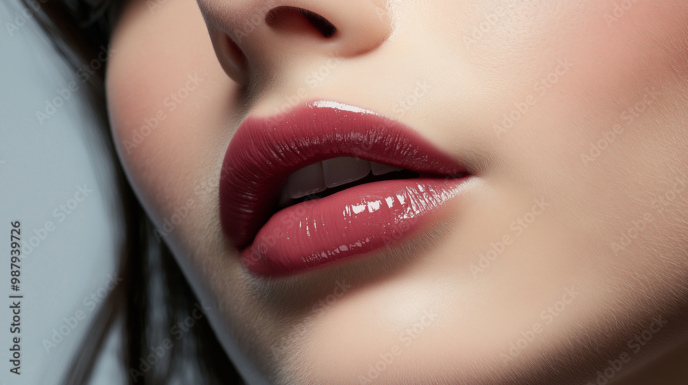 Fototapeta premium close up of a beautiful woman lips with red lipstick , lips with makeup