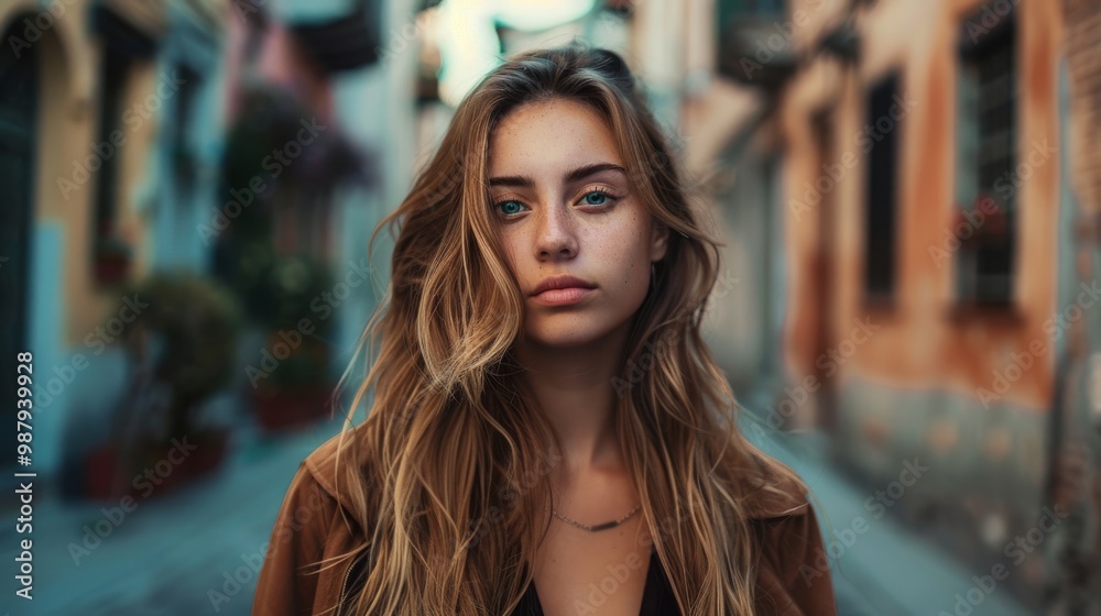 Young woman with long blonde hair looks directly at the camera in an urban setting. Young woman with long blonde hair looks directly at the camera in an urban setting.