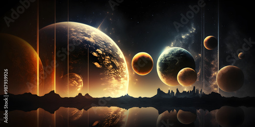 Majestätische Planetenformation mit kosmischen Lichtern über einer außerirdischen Landschaft - Ai-Ki generiert photo