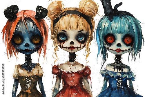 An eerie illustration of a group of skeletal girls in colorful horror-themed dresses, set in a chilling Halloween scene.. photo