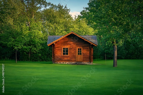 Small wooden cabin in green grassy field, surrounded by lush trees