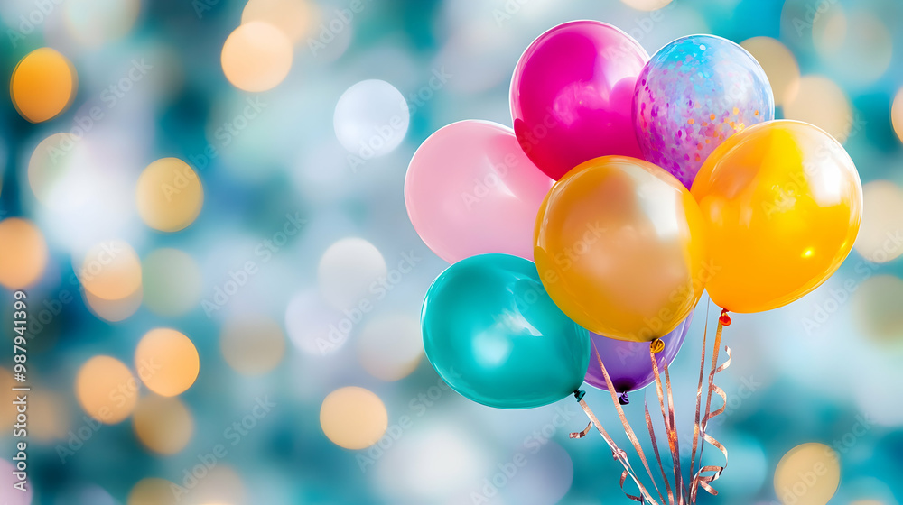 Bright colorful balloons floating against a bokeh background Bright colorful balloons floating against a bokeh background