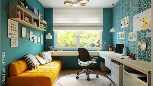 Vibrant Children’s Study Room with a Modern Design and Desk Setup, Captured in 4K-