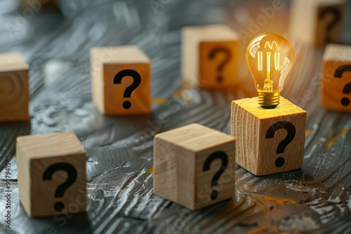 A glowing light bulb sits on a block with a question mark, surrounded by other blocks with question marks. This image symbolizes finding the answer to a problem.