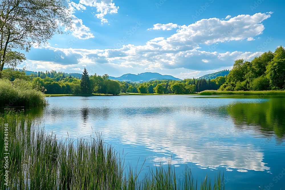 Naklejka premium Tranquil Lake Scene with Lush Green Trees and Blue Sky with Clouds