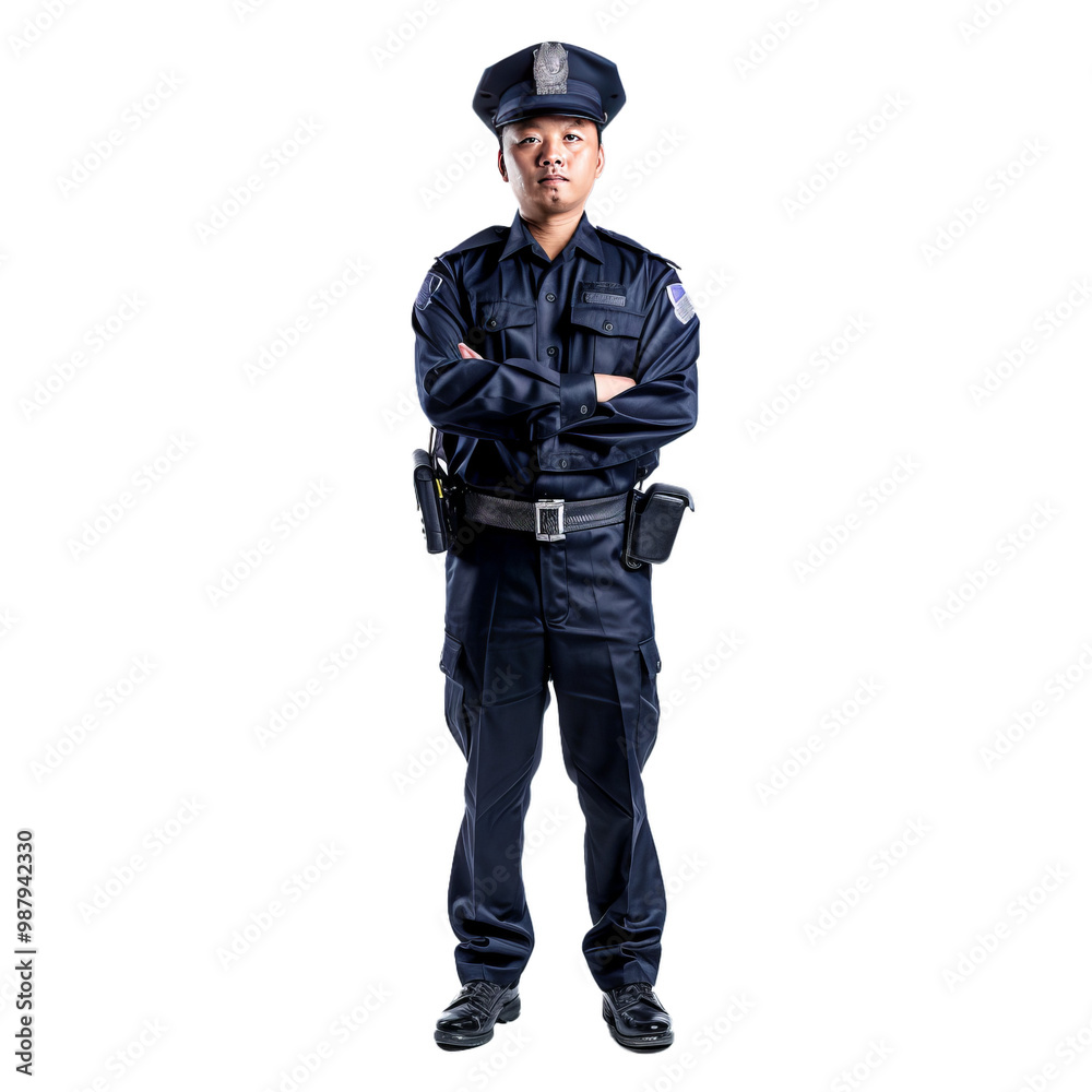 Confident asian police officer standing with arms crossed on white background Confident asian police officer standing with arms crossed on white background