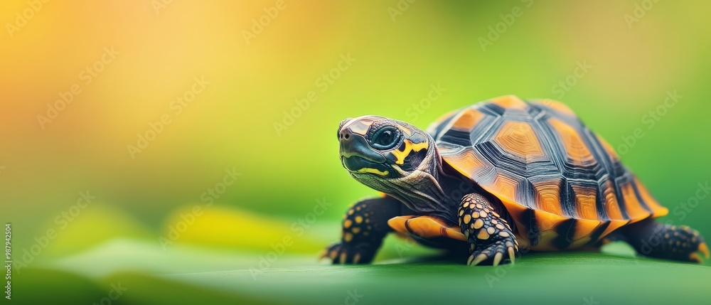 Adorable Baby Turtle on Green Leaf. Adorable Baby Turtle on Green Leaf.