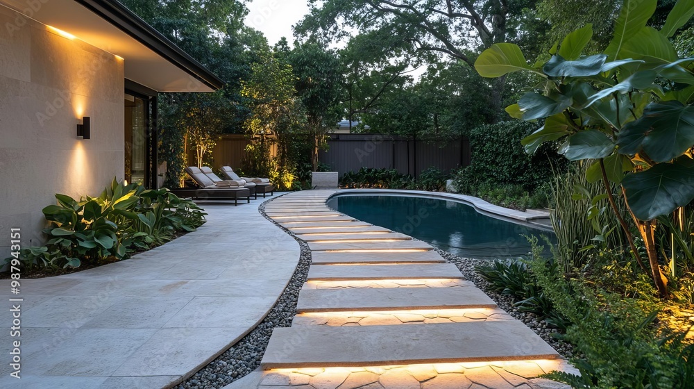 Hidden spa garden with warm lighting, a heated stone pathway, and a saltwater pool Hidden spa garden with warm lighting, a heated stone pathway, and a saltwater pool