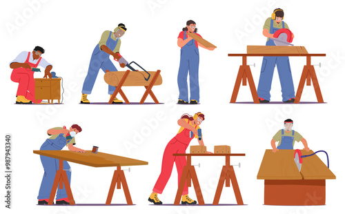 Diverse Craftsmen Involved In Woodwork And Carpentry. Characters Using Tools And Equipment Like Saw, Hammer