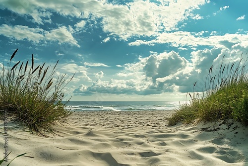 Pathway through sand dunes to the beach with blue sky and clouds. Summer vacation, tranquility, and freedom concept