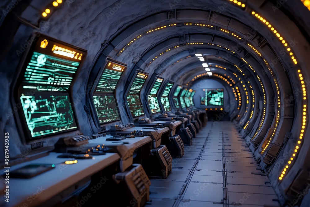 Fototapeta premium Futuristic military bunker, hidden underground, with advanced weaponry, glowing monitors, and sleek architecture