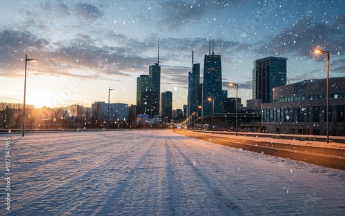 A snowy cityscape with a sunset in the background.