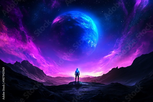 Futuristic landscape, with a lone explorer standing on a foreign planet under a glowing sky filled with stars