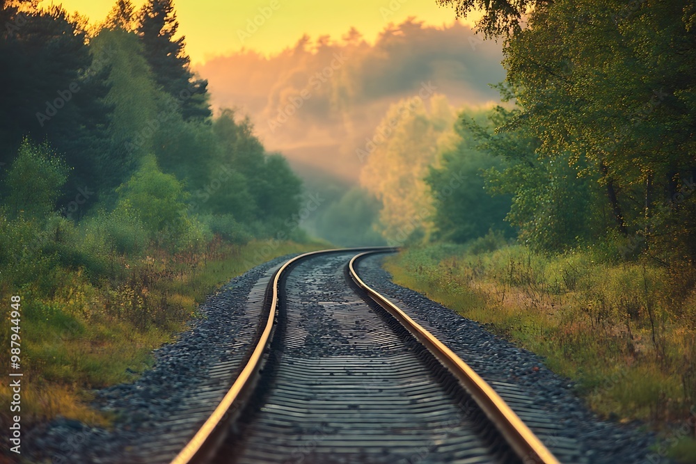 Obraz premium Train Tracks Disappear Into Misty Forest at Sunrise