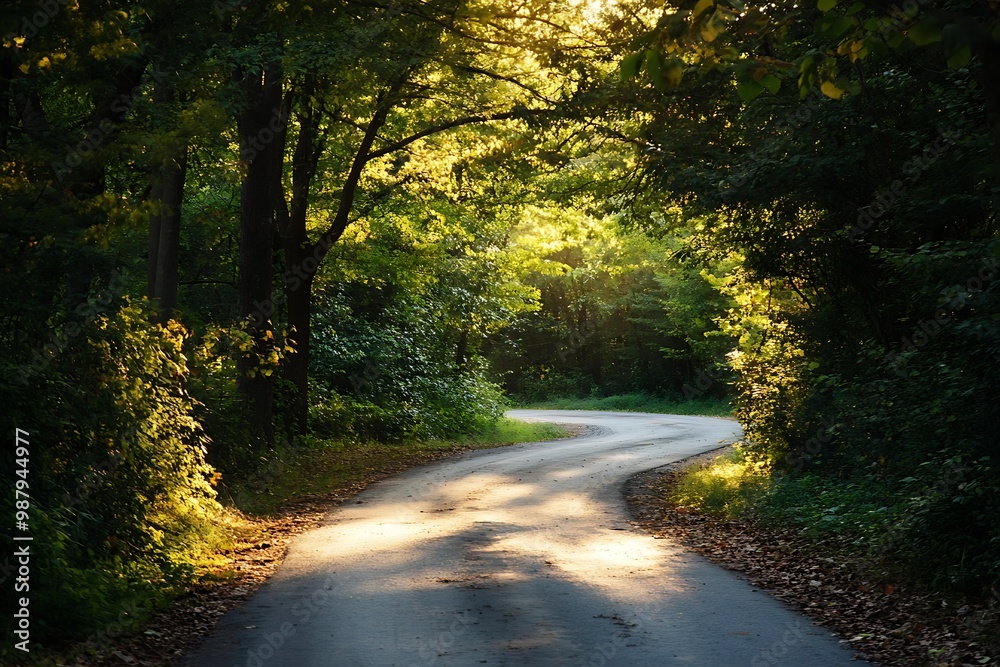 Obraz premium Sunlight shining through trees on a winding forest path