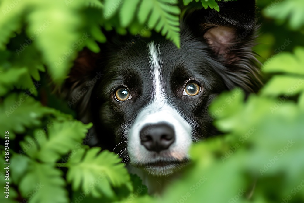 Black and white border collie dog peeking through green leaves Black and white border collie dog peeking through green leaves