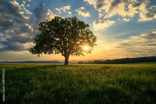 Silhouetted Tree with Setting Sun in a Field of Grass and Dramatic Clouds