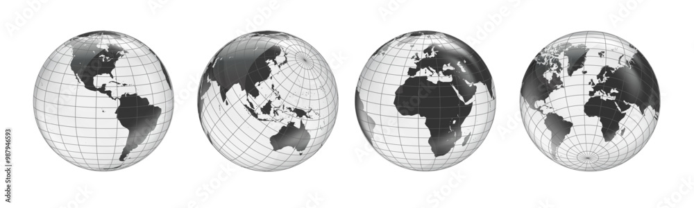 Wireframe globe set. Earth planet globe set from different views with meridians and parallels. 3D vector EPS 10 Wireframe globe set. Earth planet globe set from different views with meridians and parallels. 3D vector EPS 10