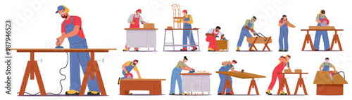 Carpenters Working On Wood Projects Using Different Tools And Techniques. Cartoon Vector Illustration