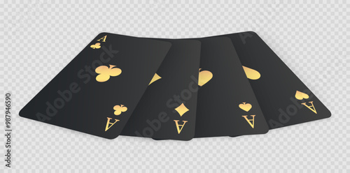 Black poker cards with gold symbols. Golden card suits. Four aces playing cards. Casino gambling game. Winning poker hand. Vector EPS10