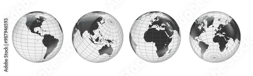 Wireframe globe set. Earth planet globe set from different views with meridians and parallels. 3D vector EPS 10