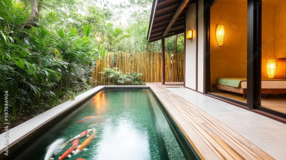 custom made wallpaper toronto digitalSpa garden with a bamboo walkway, koi fish pond, and a heated plunge pool