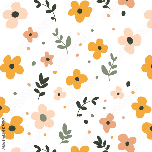Floral abstract seamless pattern. Vector design for different surfases. Vintage 70s style flower background illustration
