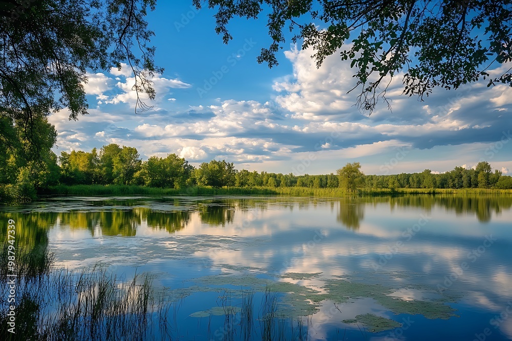 Obraz premium Tranquil summer scene with lake, green trees and blue sky with clouds reflection