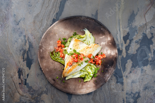 Fried cod fillet with mashed potatoes and fresh prawns served as top view on a rustic design plate with text space photo