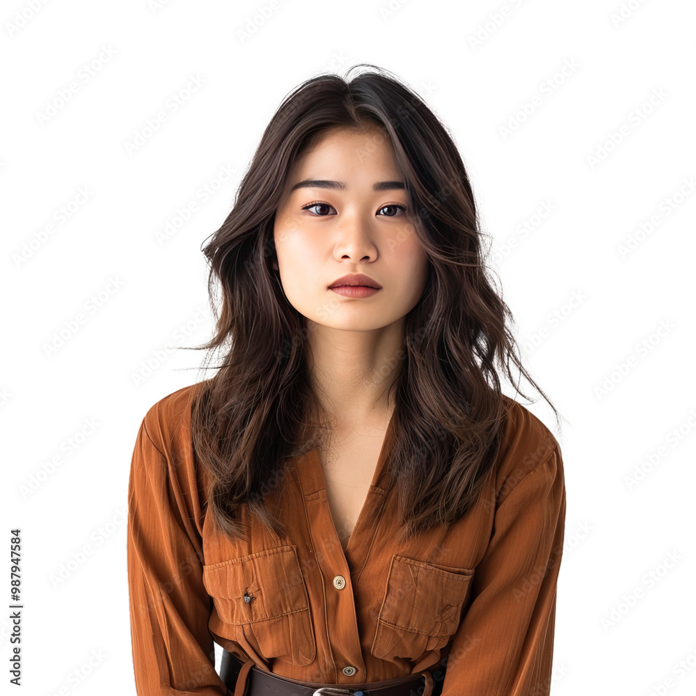 Portrait of a beautiful young asian woman with long dark hair wearing a brown shirt on a white background Portrait of a beautiful young asian woman with long dark hair wearing a brown shirt on a white background