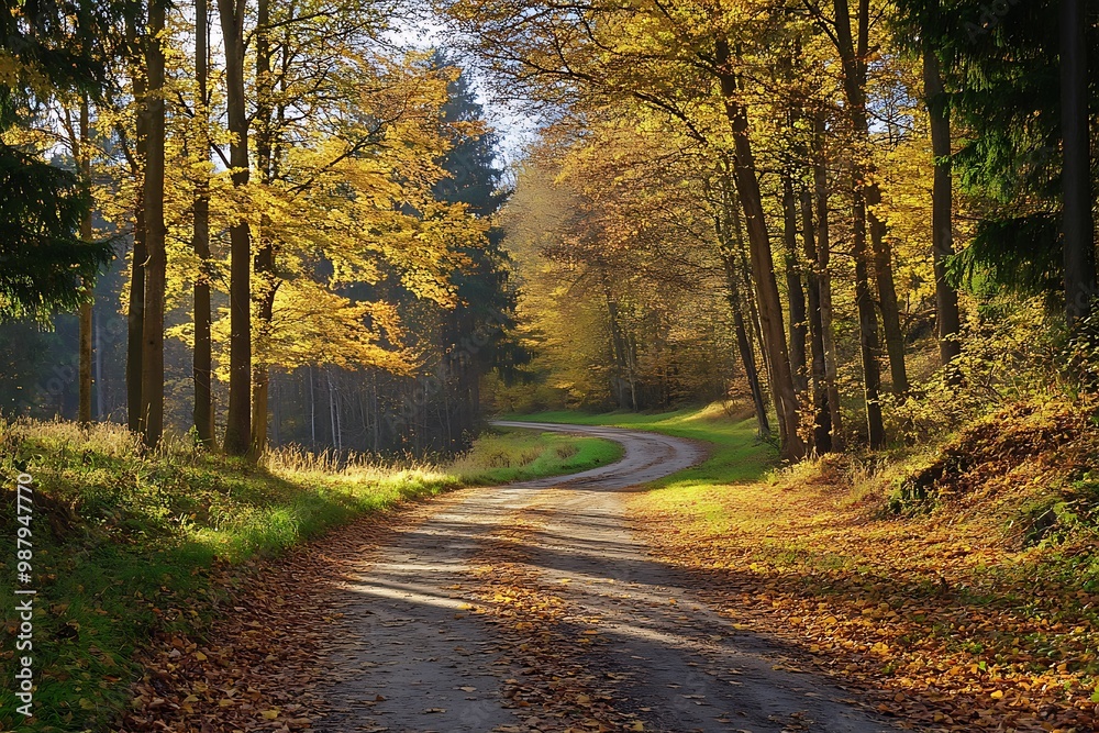 Obraz premium Winding forest road in fall with sunlight shining through leaves.