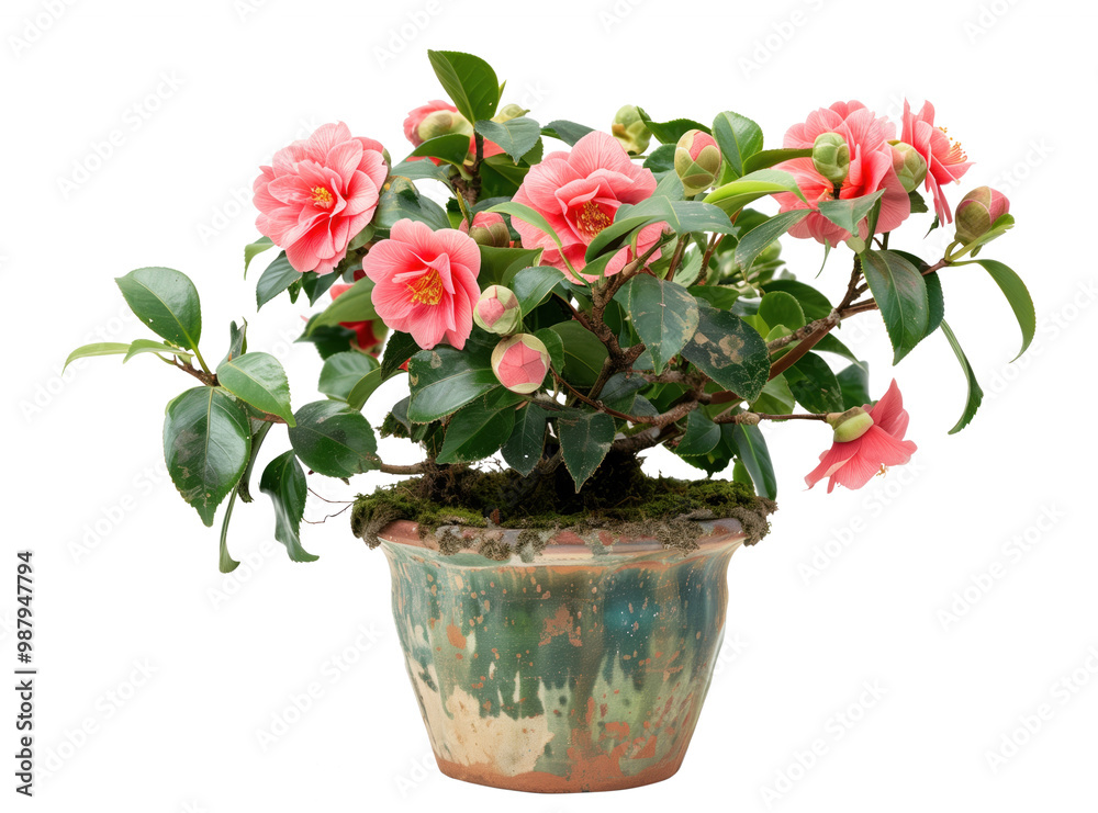 Fototapeta premium A pink flower plant in a green pot