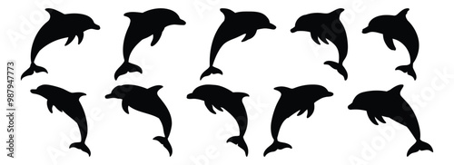 Dolphin silhouettes set, marine pack of vector silhouette design, isolated background