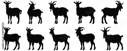 Goat silhouettes set, animal pack of vector silhouette design, isolated background